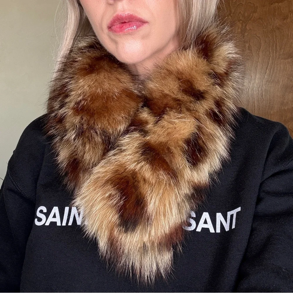 Genuine Dyed Fox Fur with Leopard Animal Print Headband Scarf Collar
